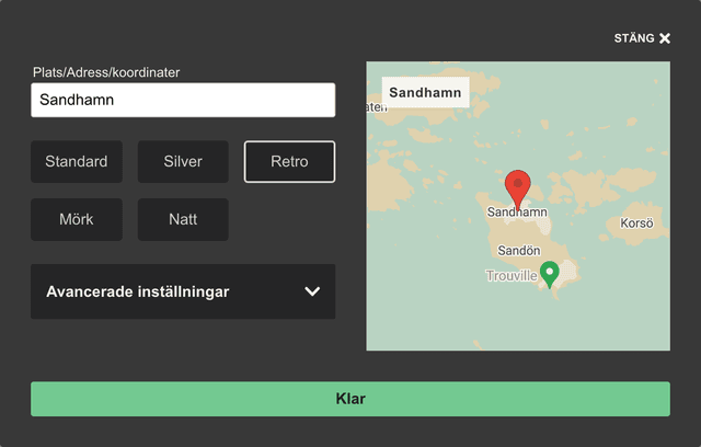 Dialog för att ändra kartmodul